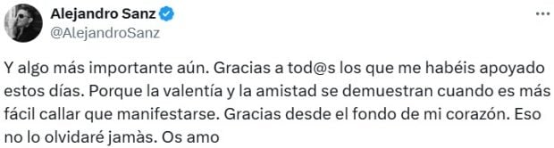 Mensaje de Alejandro Sanz en redes sociales tras la entrevista de Ivet Playà en 'De viernes' (X).
