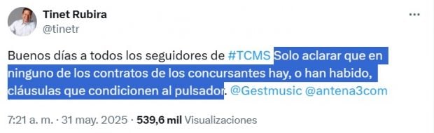Mensaje en redes sociales de Tinet Rubira sobre las actuaciones de los concursantes de Tu cara me suena (Atresmedia).