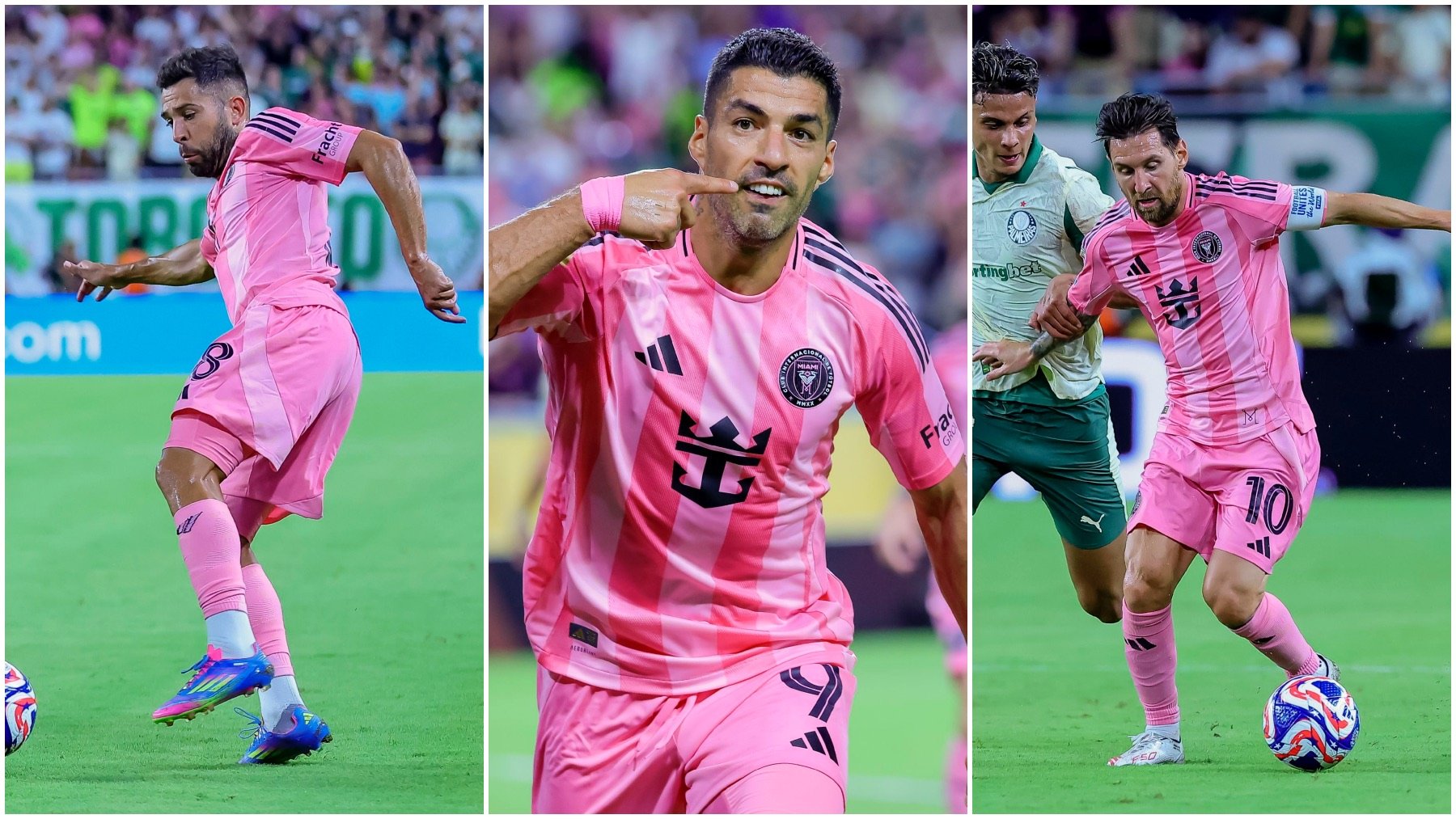 Jordi Alba, Luis Suárez y Leo Messi, ante el Palmeiras. (EFE)