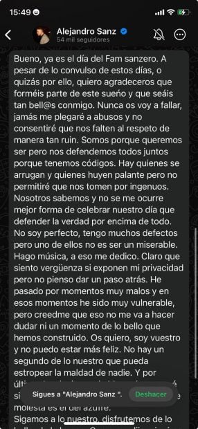 Comunicado de Alejandro Sanz a sus fans en su canal de difusión en WhatsApp.