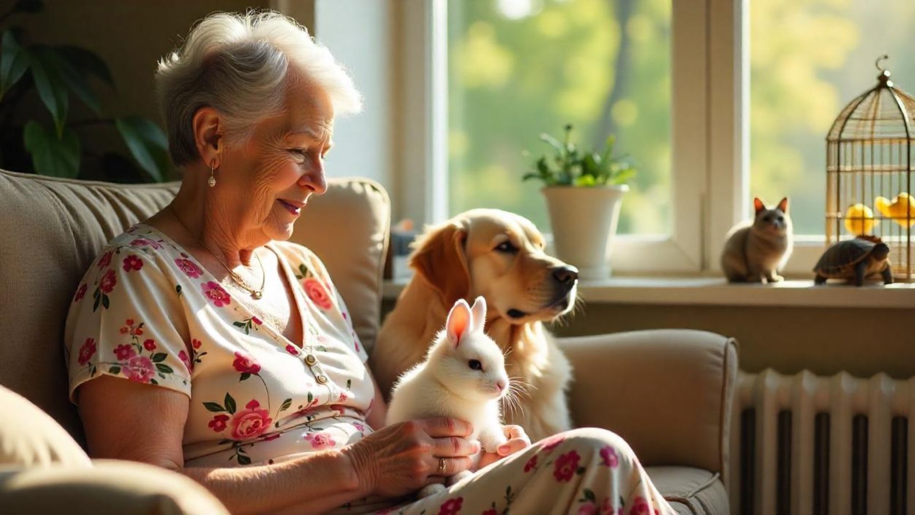 Una persona mayor rodeada de animales. Foto: Freepik IA