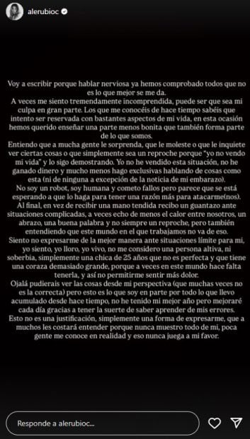 Alejandra Rubio emite un comunicado en Instagram.