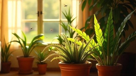 Plantas y mosquitos alrededor de ellas. Foto: Freepik IA