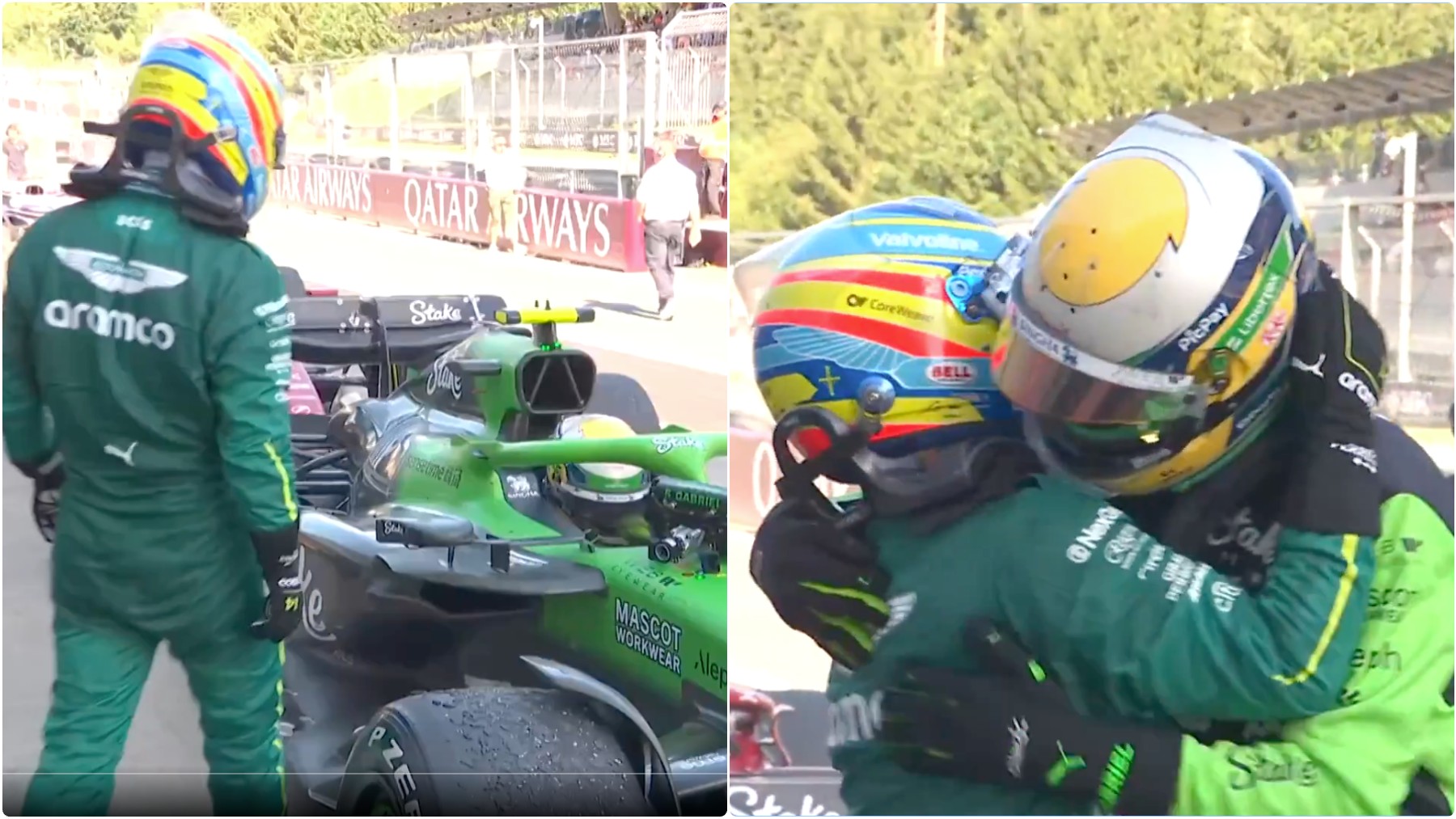 Fernando Alonso felicita a Gabriel Bortoleto por su gran carrera en el GP de Austria.