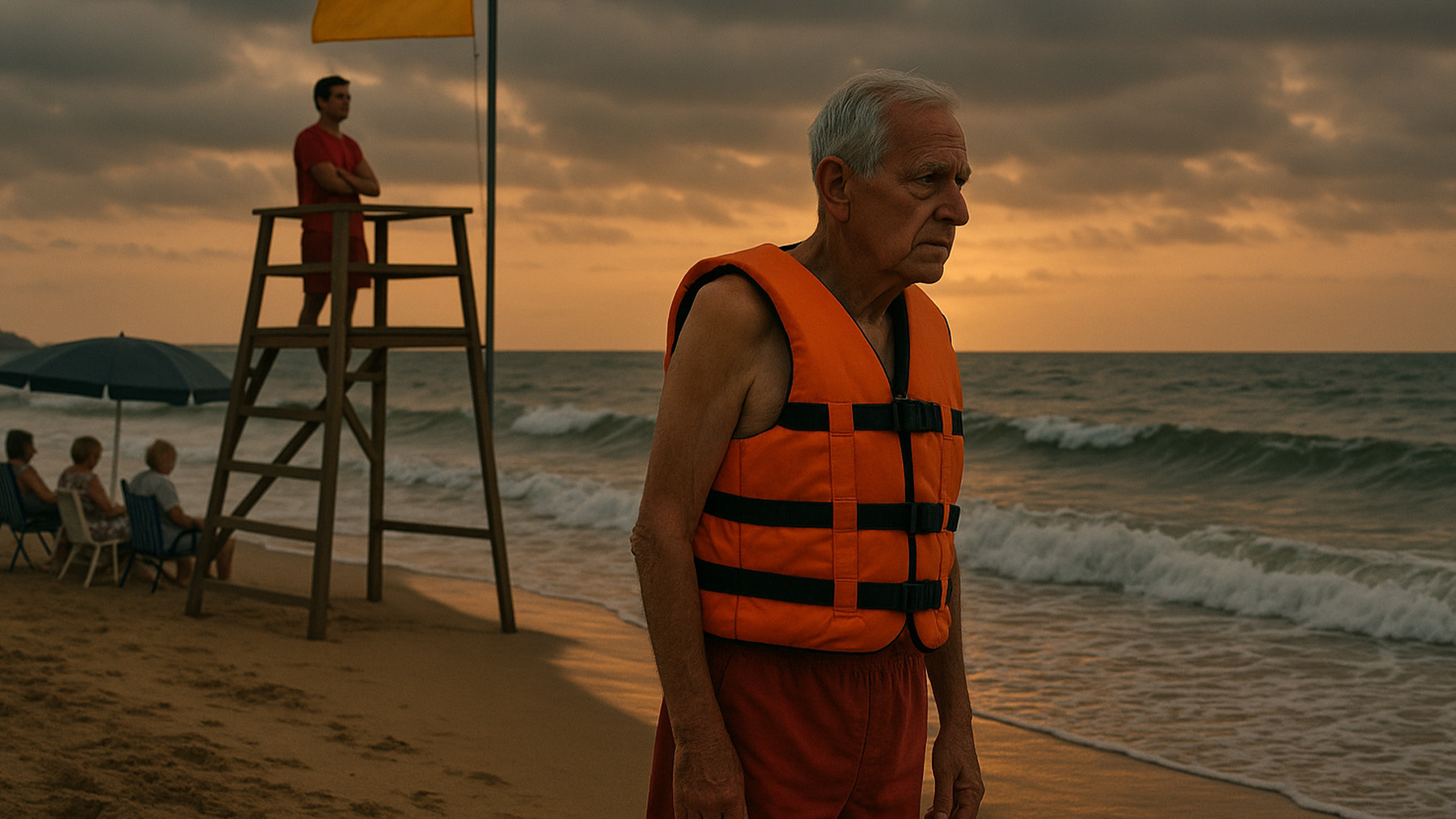 Adulto mayor a punto de meterse al mar. Foto: ilustración propia.