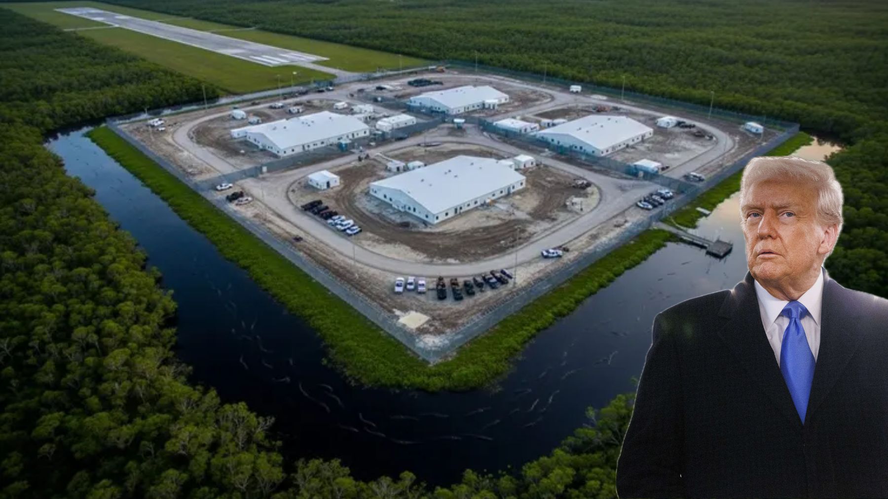 La cárcel ‘Alligator Alcatraz’ en Florida. (Redes y Getty)