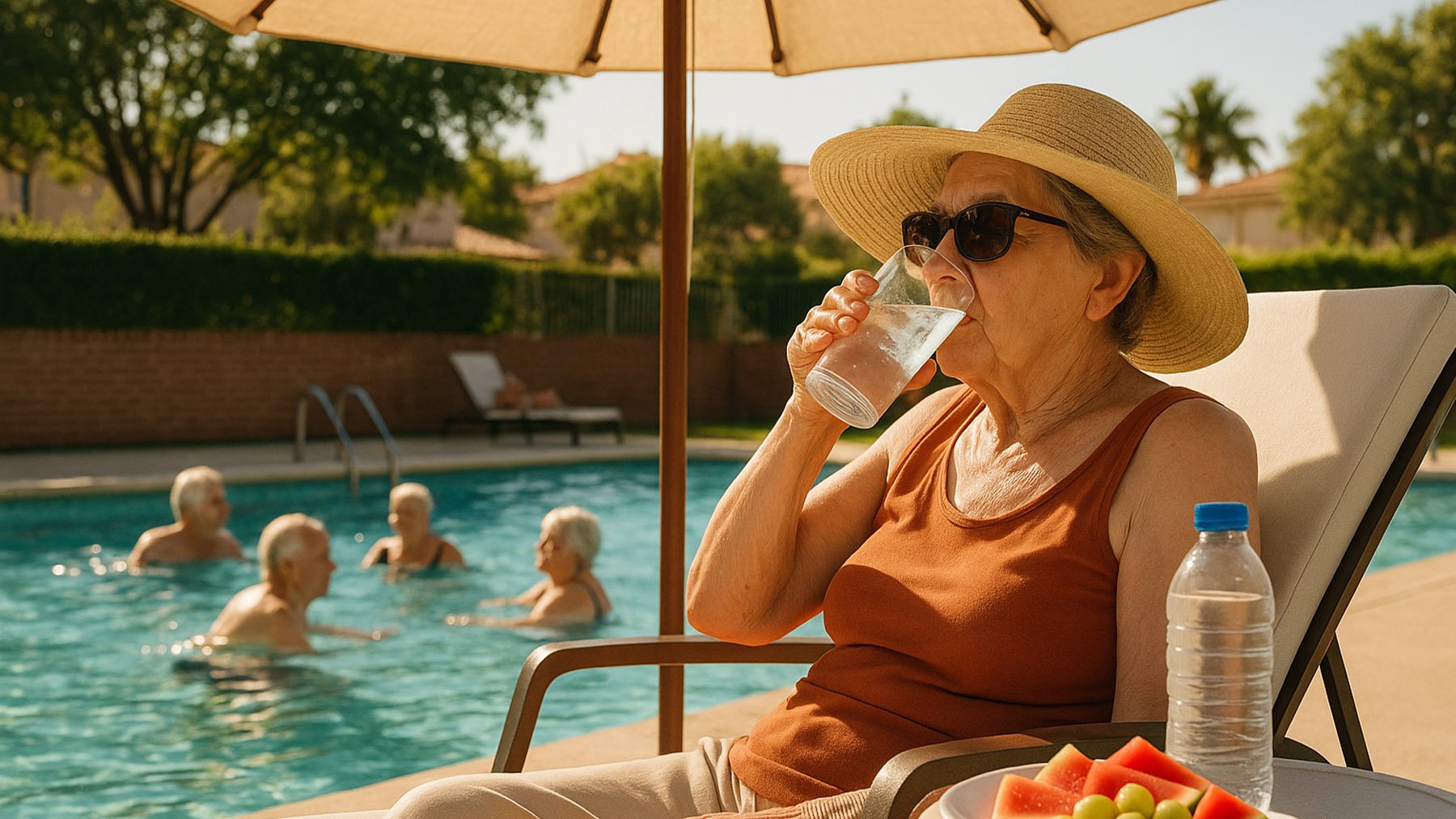 Mujer mayor hidratándose en verano. Foto: ilustración propia.