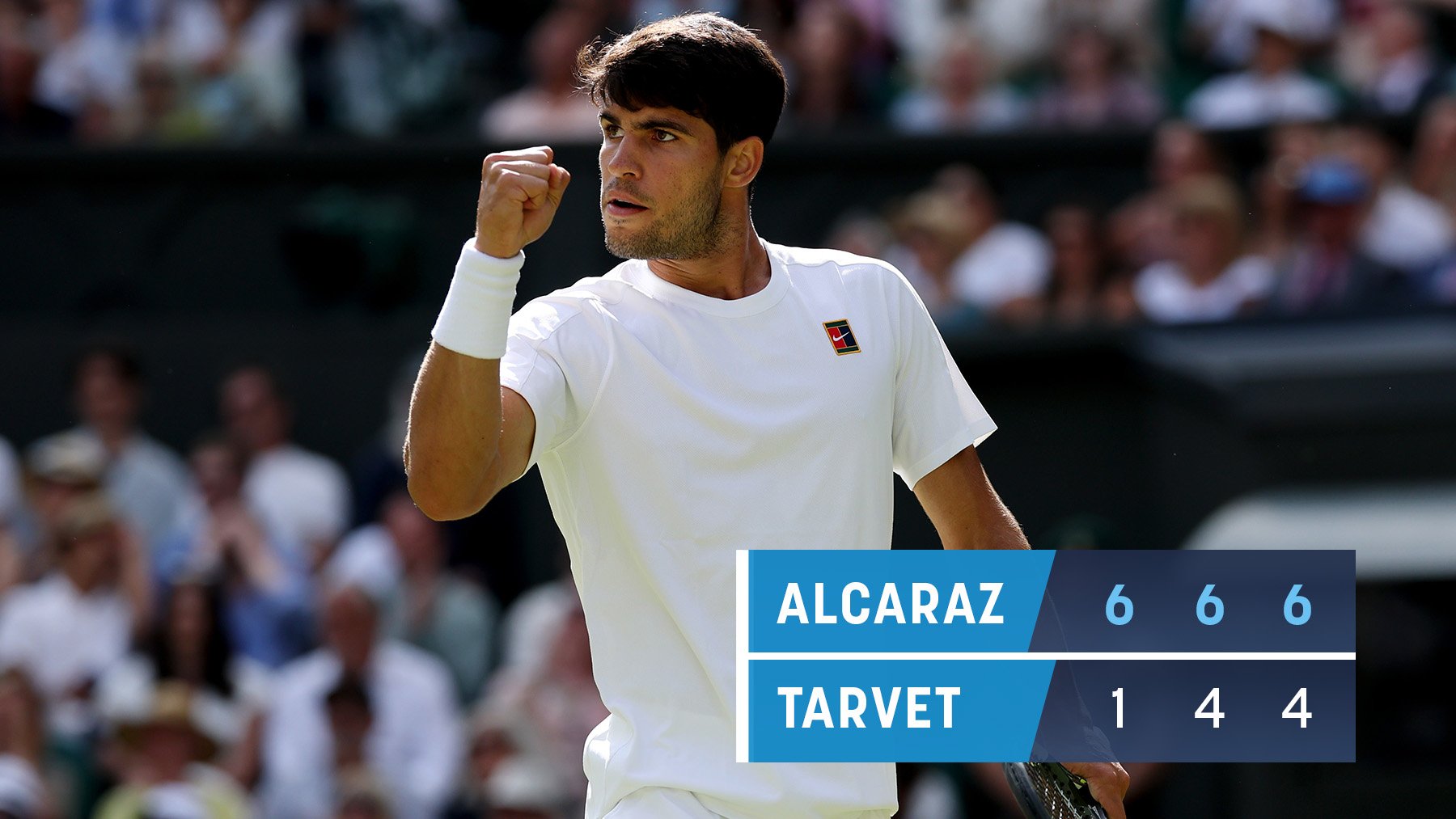 Alcaraz celebra su triunfo sobre Tarvet en Wimbledon. (Getty)