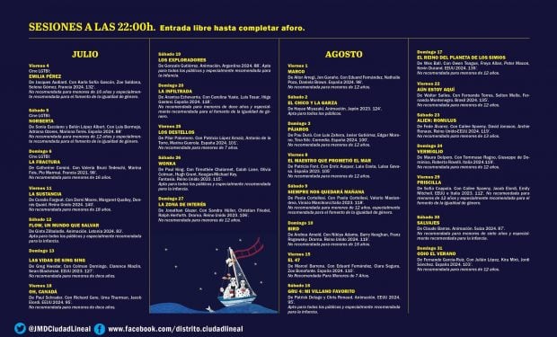 Cartelera de julio y agosto de los cines de verano de Ciudad Lineal 2025