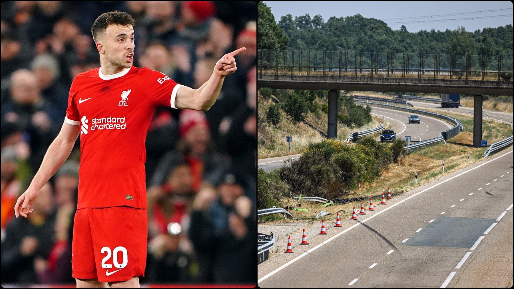 Diogo Jota durante un partido con el Liverpool (izquierda) y una imagen del lugar del accidente (derecha).