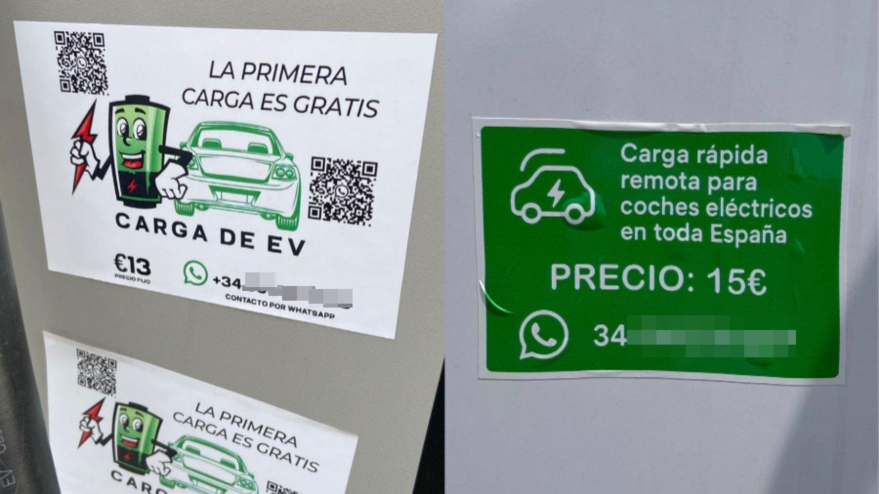 Pegatinas falsas en puntos de recarga para vehículos eléctricos. (Foto: AEDIVE).