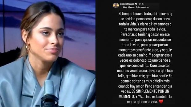 Tini Stoessel en una entrevista y el comunicado publicado con Álvaro Escassi sobre su ruptura (Montaje Happy FM).