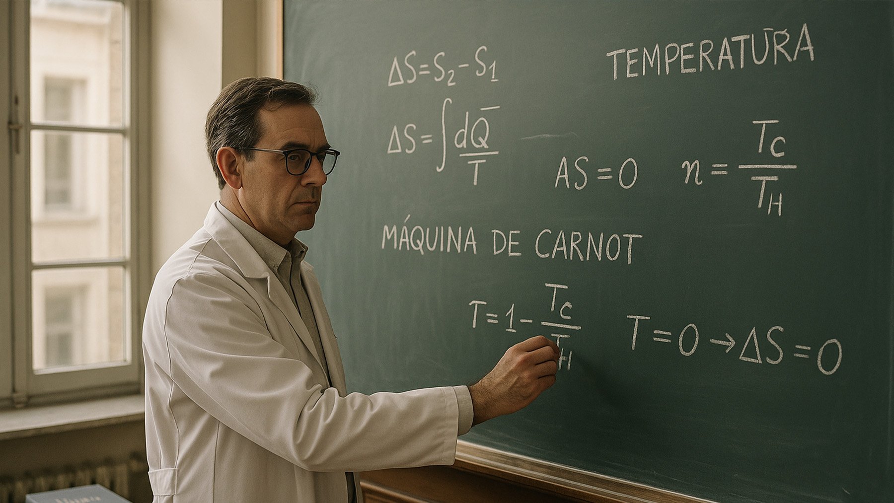 Ilustración de un profesor escribiendo teoremas en una pizarra. Foto: ilustración propia.