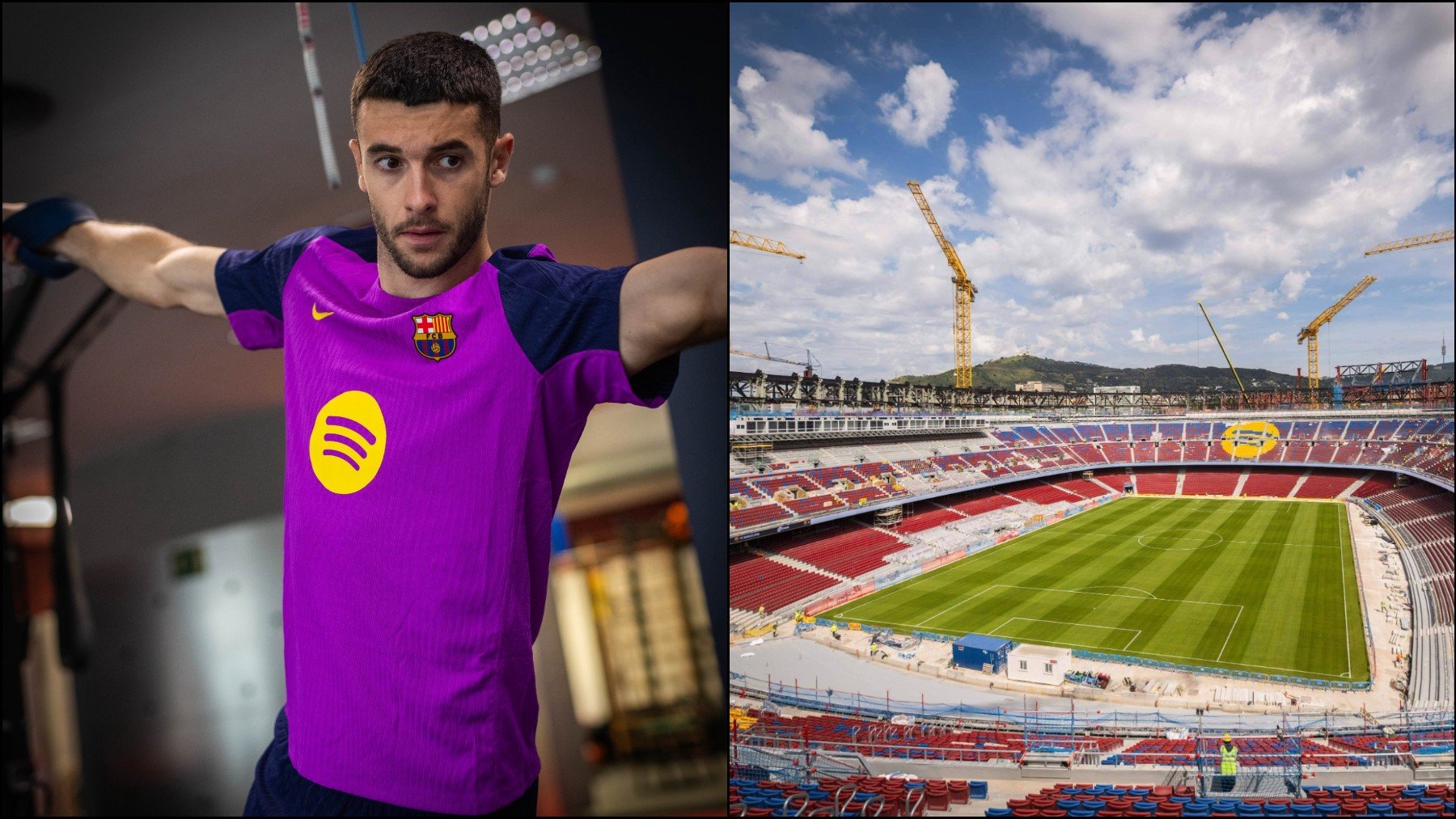 Joan García con la camiseta del Barça a la izquierda y el Camp Nou a la derecha. (FC Barcelona)