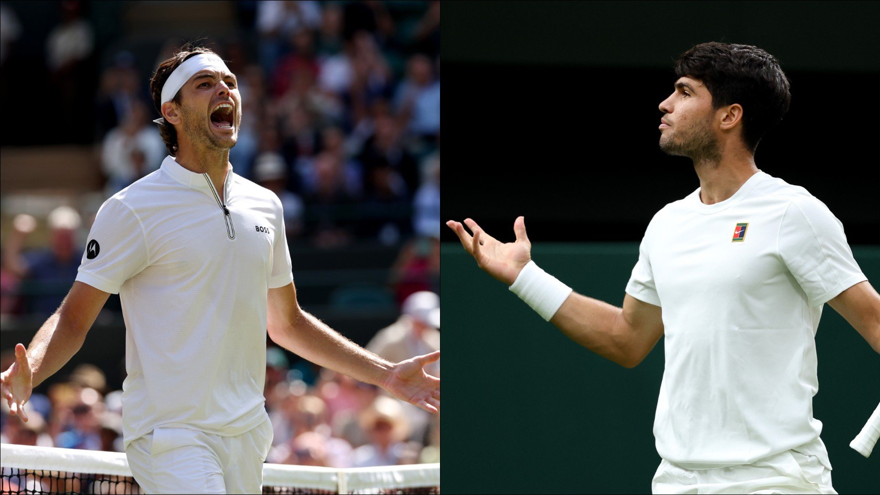 Montaje con imágenes de Fritz y Alcaraz tras ganar sus respectivos partidos de cuartos de final en Wimbledon. (Getty)
