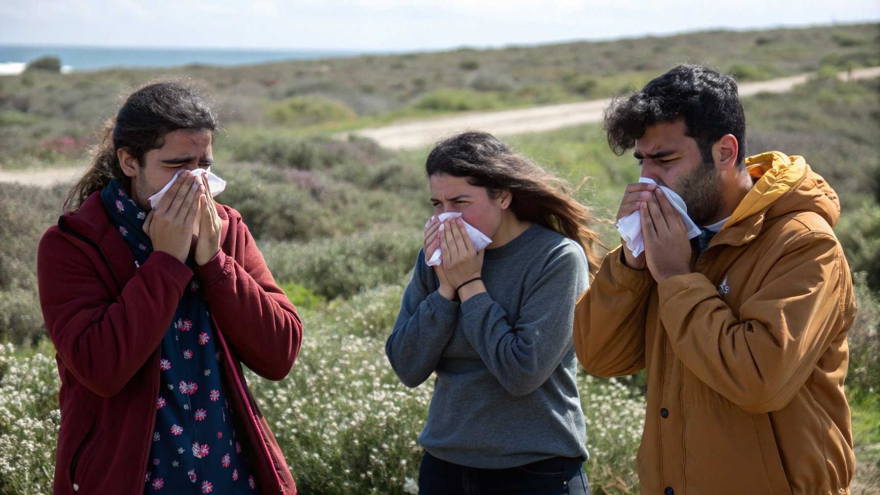 Recreación de tres personas con alergia.