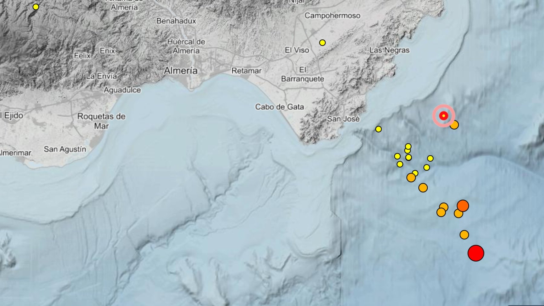 Terremoto de magnitud 5,4 registrado este lunes en aguas de Almería. (IGN)