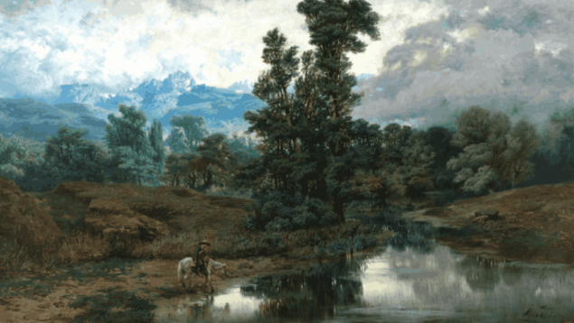 Paisaje del Pardo al disiparse la niebla, Antonio Muñoz Degrain (1840-1924). Óleo sobre lienzo, 1866. Firmado. Adquirido en 1867
