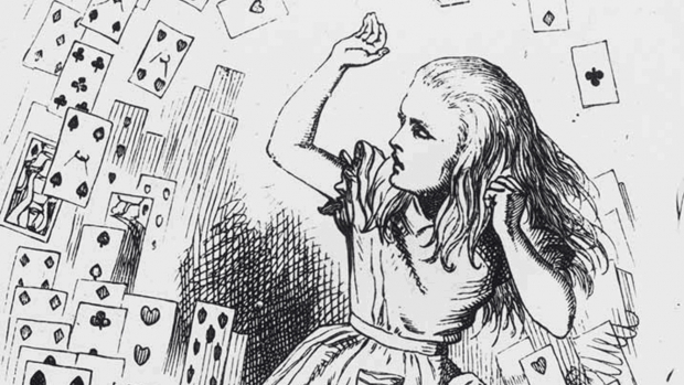 “Solo son una baraja de cartas.” Ilustración de John Tendel para Las aventuras de Alicia en el país de las maravillas. Imagen cortesía de Macmillan Publisher International Ltd.