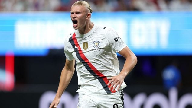 Erling Haaland celebrando un gol con el Manchester City. (Getty Images)