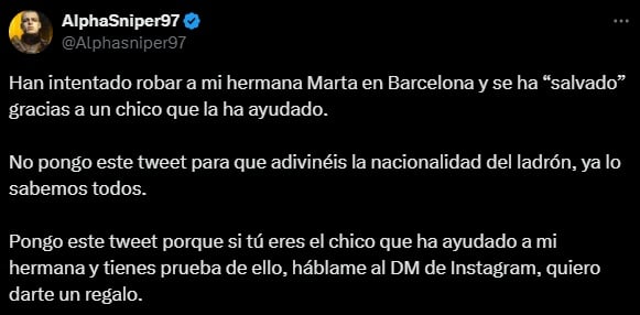 El polémico tuit del hermano de Marta Díaz tras el robo sufrido en Barcelona (X).