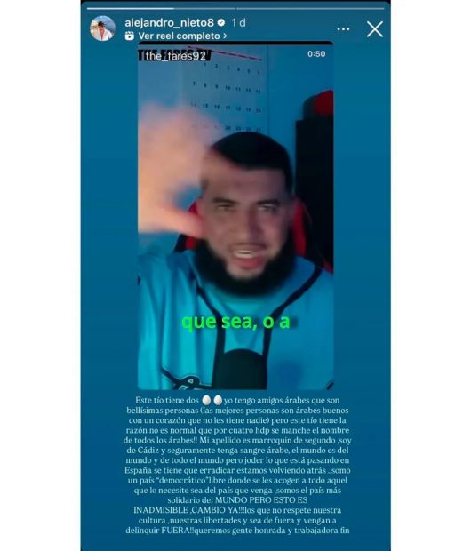 Story de Instagram de Alejandro Nieto sobre los incidentes de Torre-Pacheco (Instagram).