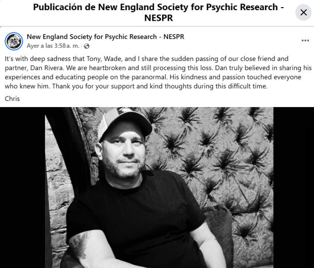 Comunicado de la New England Society for Psychic Research. (Facebook)