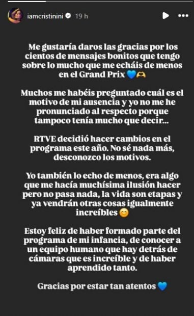 Comunicado de Cristinini hablando de su ausencia del Grand Prix 2025 (Instagram).