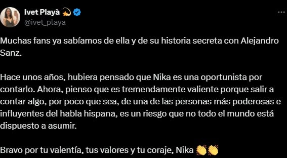 Mensaje de Ivet Playà tras las palabras de Nika (X),