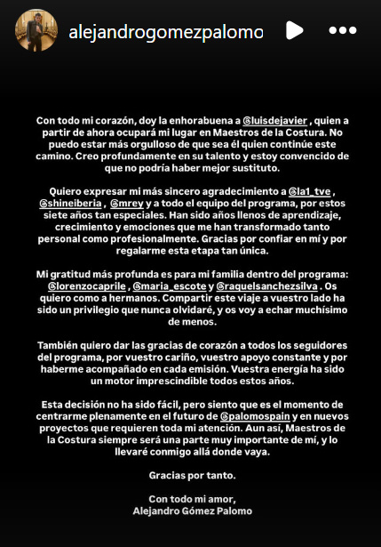 Comunicado de Palomo Spain en sus historias de Instagram.