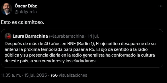 Tuit de Óscar Díaz, ganador de Pasapalabra, contra el cambio de emisora del programa 'El ojo crítico' (X).