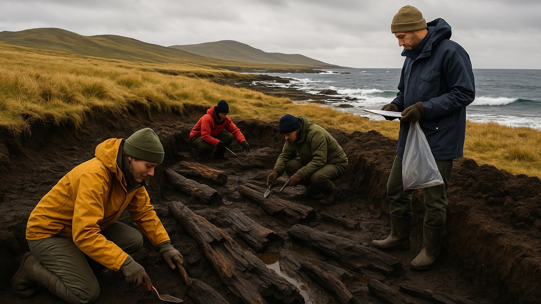 Arqueólogos descubriendo madera en las islas Falklands. Foto: ilustración propia.