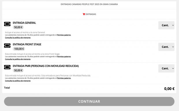Tipo de entradas para acudir al 'Canarias People Fest'. 