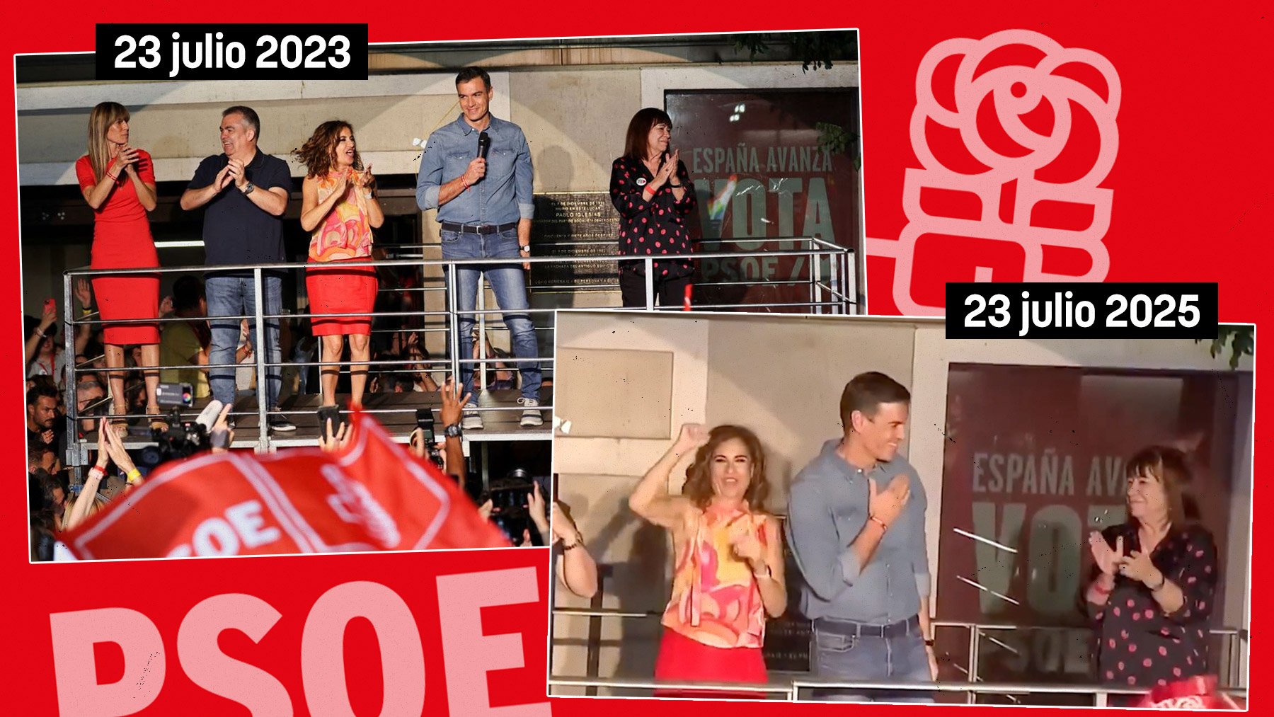 Sánchez ‘borra’ a Begoña y Cerdán de las imágenes de balcón de Ferraz la noche electoral del 23J