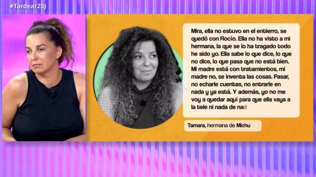 Tamara, hermana de Michu, reacciona a sus polémicos audios en TardeAR. (Mediaset)