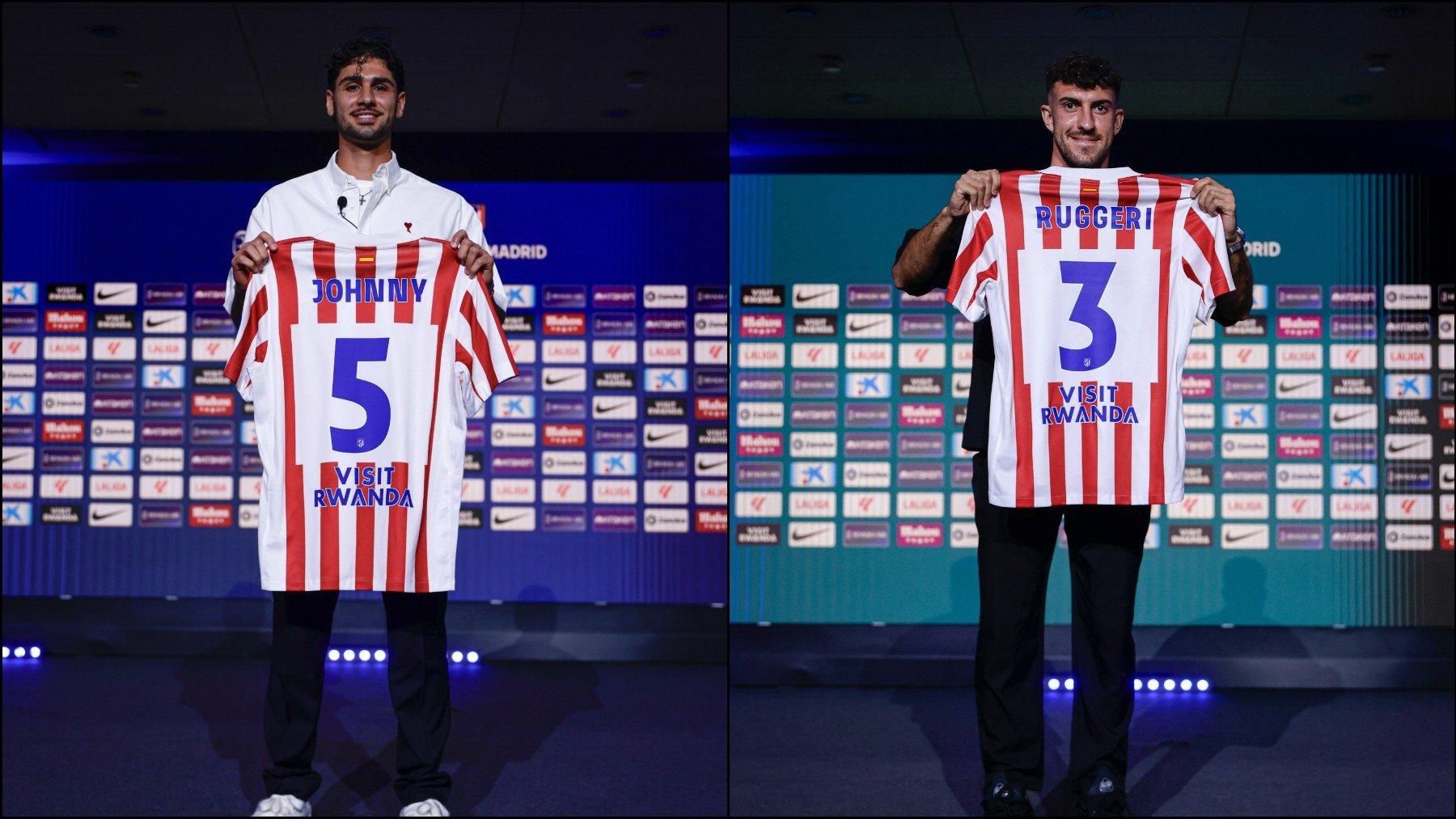 Ruggeri y Cardoso posan durante su presentación. (Atlético)