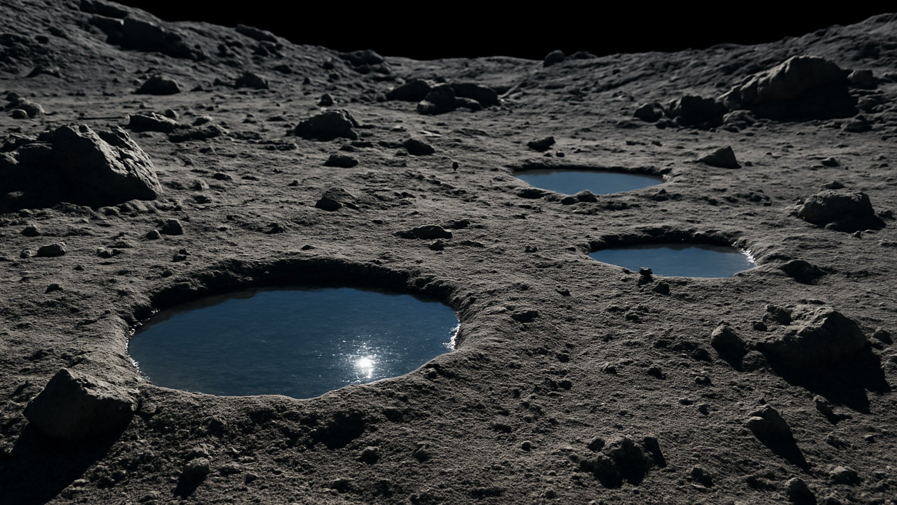 Charcos de agua en la Luna. Foto: ilustración propia.