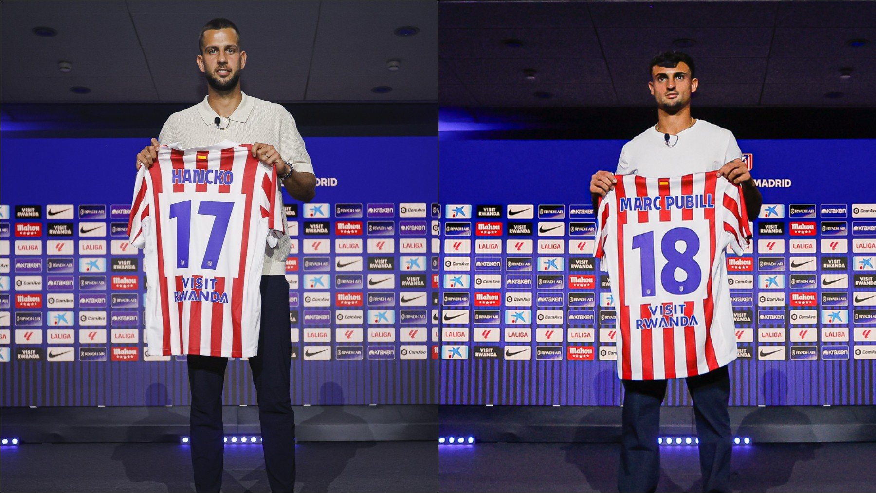 Hancko y Pubill posan con la camiseta rojiblanca. (Atlético)