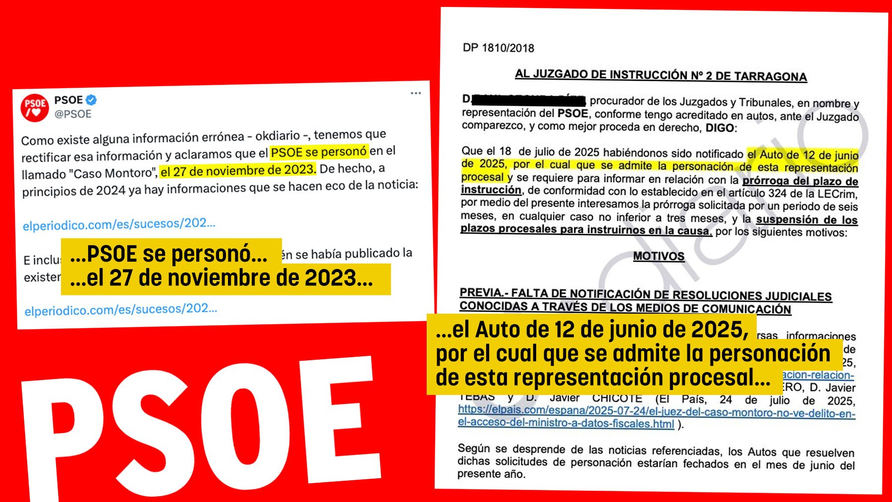 El tuit del PSOE (a la izquierda) y el escrito judicial del PSOE (a la derecha).