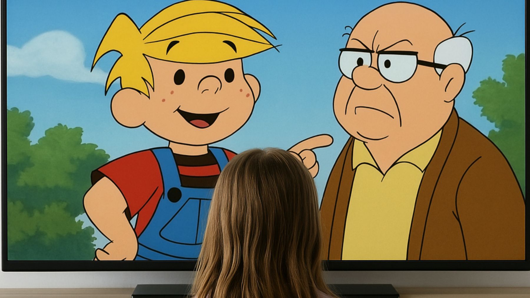 Ilustración de una niña viendo ‘Daniel el travieso’. Foto: ChatGPT