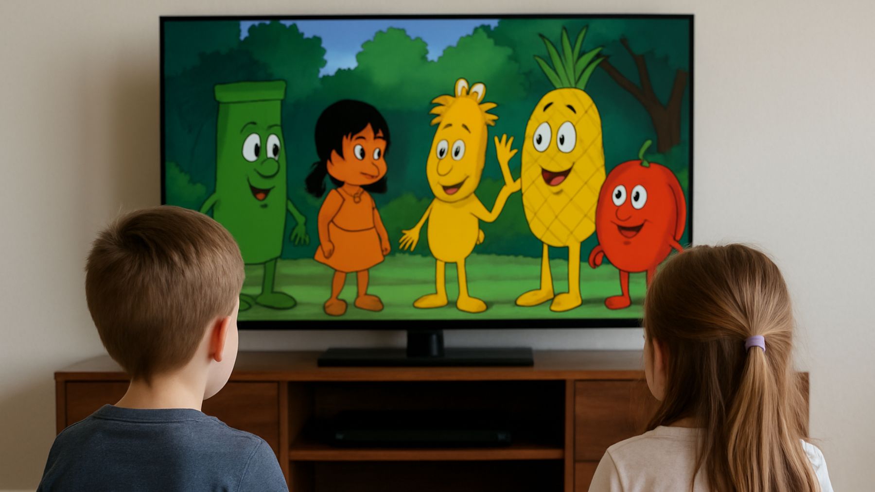 Recreación de dos niños viendo Los Fruittis.
