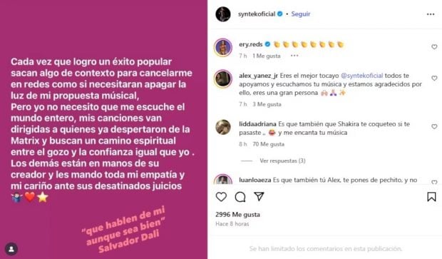 Publicación de Álex Syntek defendiéndose de las críticas tras sus palabras sobre Shakira (Instagram).