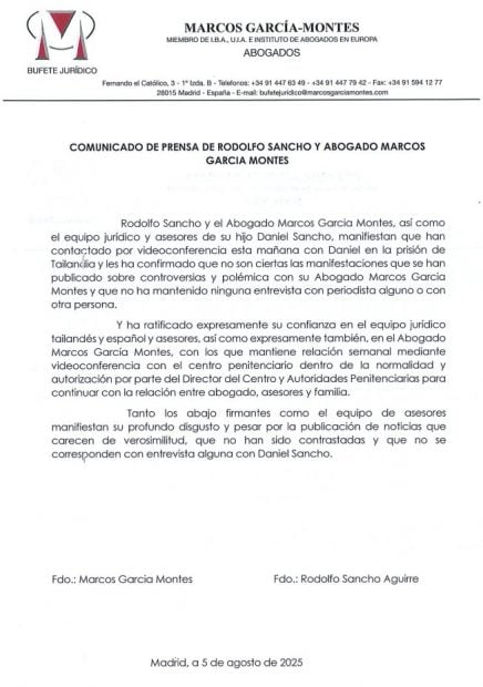 Comunicado de Rodolfo Sancho y su abogado Marcos García-Montes.