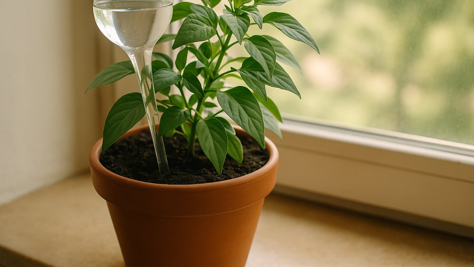 Planta con bombilla de riego. Foto: ilustración propia.