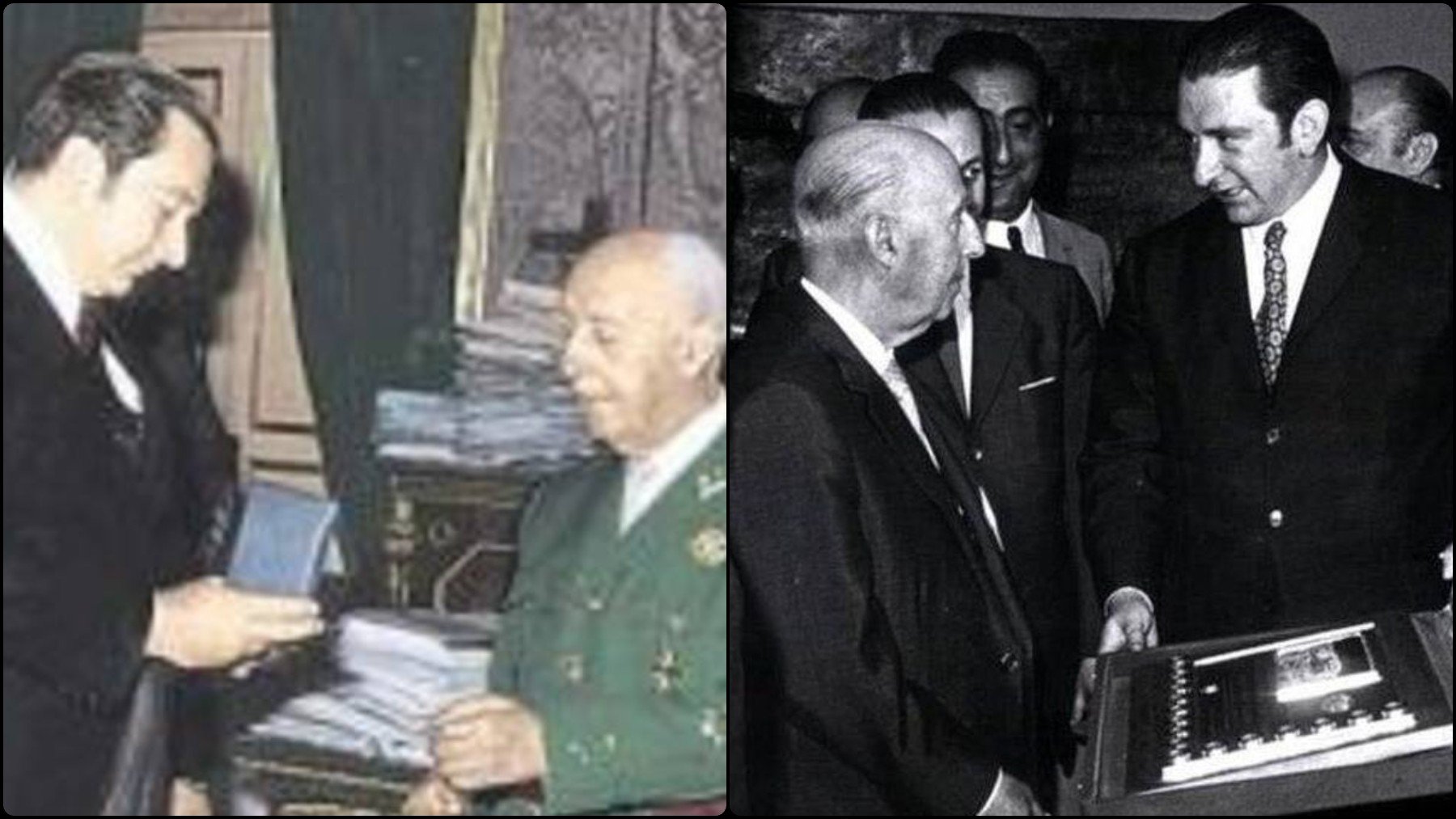 Agustí Montal, por entonces presidente del Barça, le entrega una medalla del club a Francisco Franco.