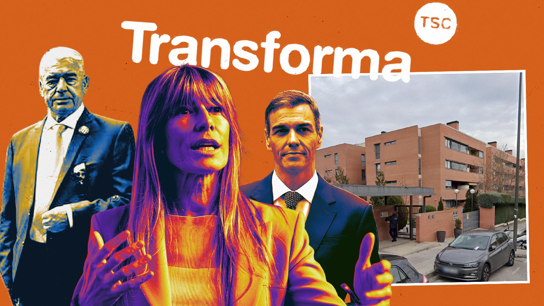 Sabiniano Gómez, Begoña Gómez y Pedro Sánchez junto a la vivienda de Pozuelo.