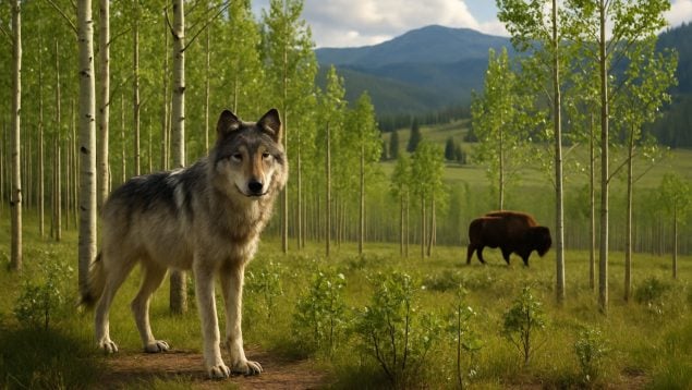 Lobos, árboles, Yellowstone