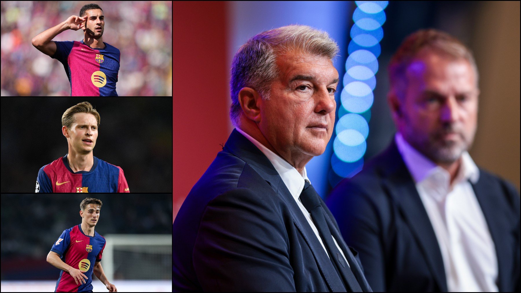Laporta y junto a varios jugadores del Barcelona. (Getty)