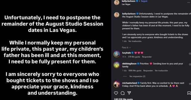 Post de Kelly Clarkson en su cuenta de Instagram anunciado que cancela los conciertos del mes de agosto (Instagram).