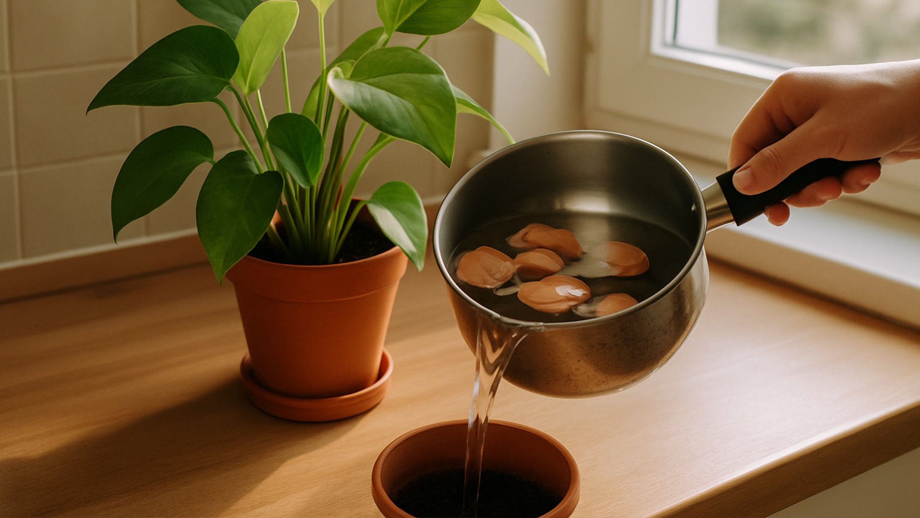 Mano regando las plantas con agua de huevos. Foto: Ilustración propia.